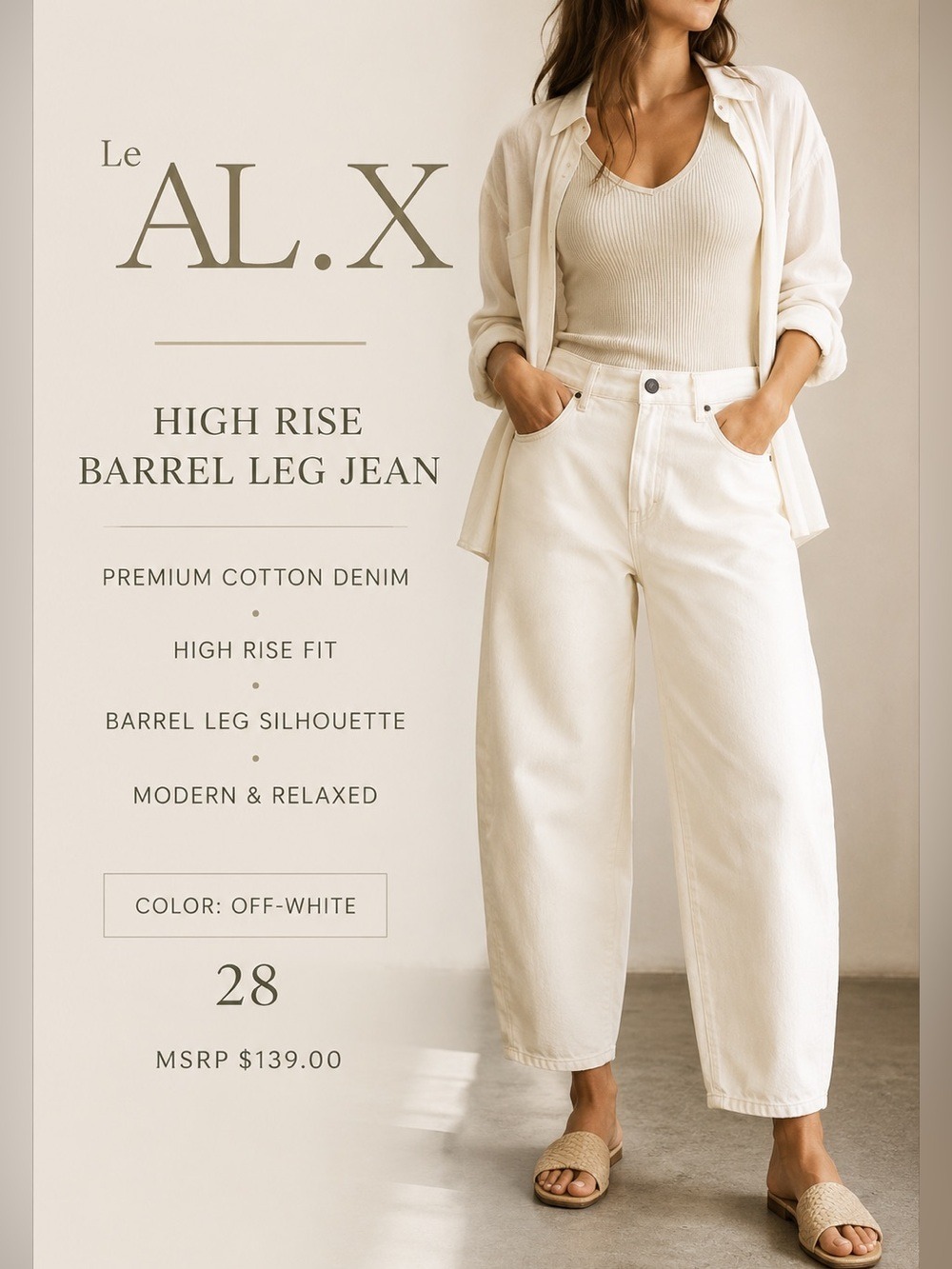 Le’ AL.X High Rise Barrel Leg Jeans NWT Cream Size 28 MSRP $139